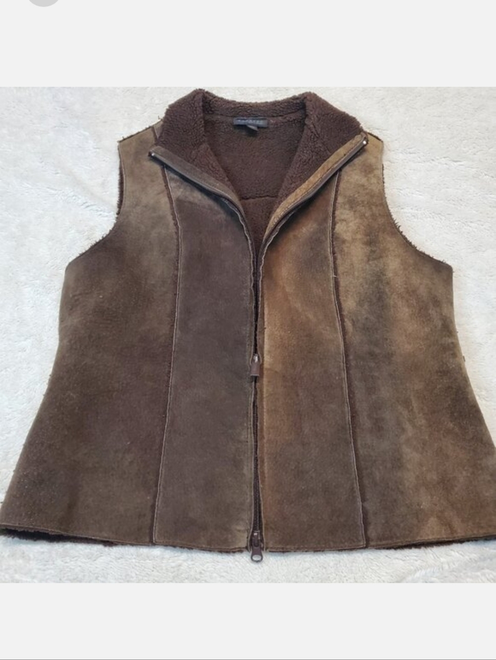 Vintage Express Brown Leather Sherpa Zipper Vest Medium‎ Y2K Retro Bohemian Boho